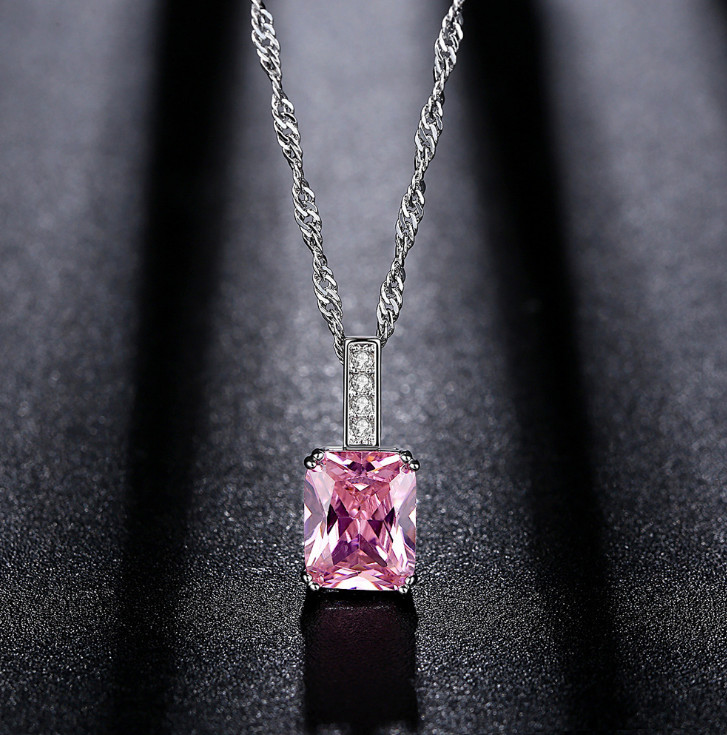 White Gold Square Pink Purple Blue Crystal CZ Pendant Necklace 18″ Chain Box S1