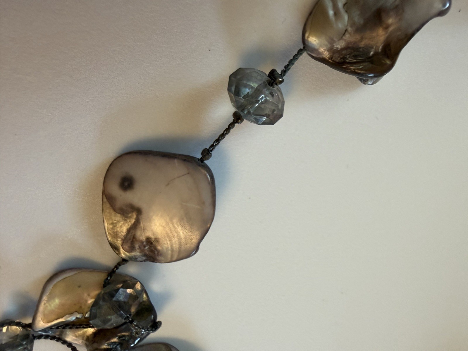 Gray Mother of Pearl/Abalone & Crystal Beaded Station Necklace, Freeform