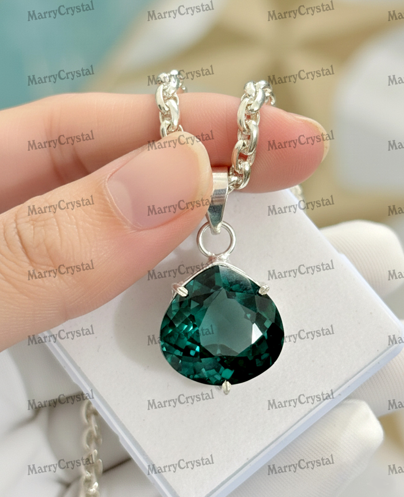 34+ Ct Green Amethyst Color Quartz Stone 18″ Chain German Silver Gemstone