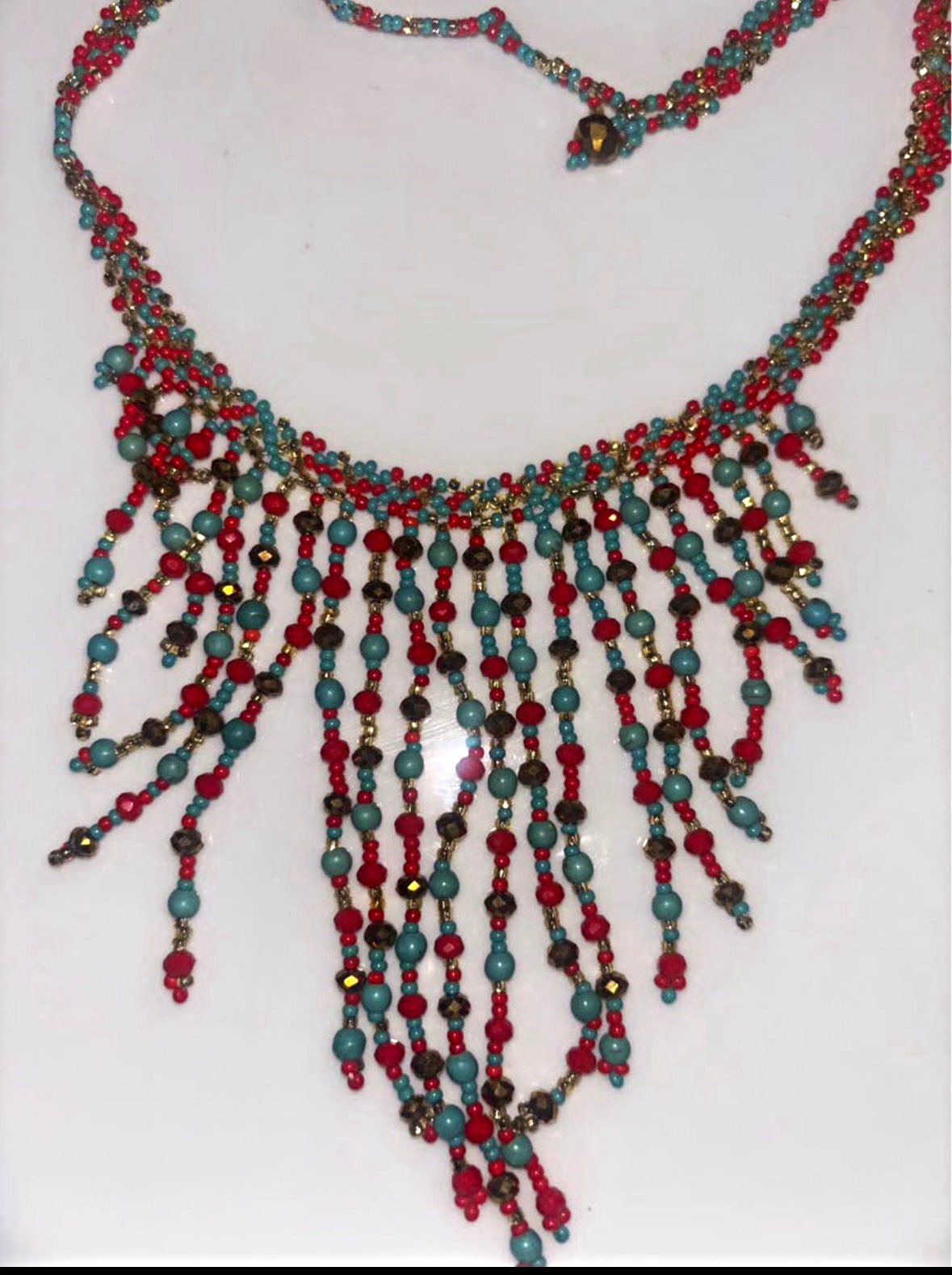 Red Blue Glass Beaded Bib Fringe Statement Necklace Asymmetrical Pendant