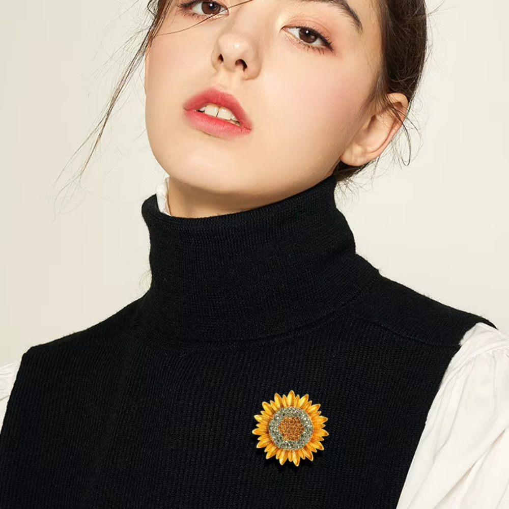 Sunflower Brooch Rhinestone Crystal Gold Yellow Flower Pin Jewelry Summer Gift