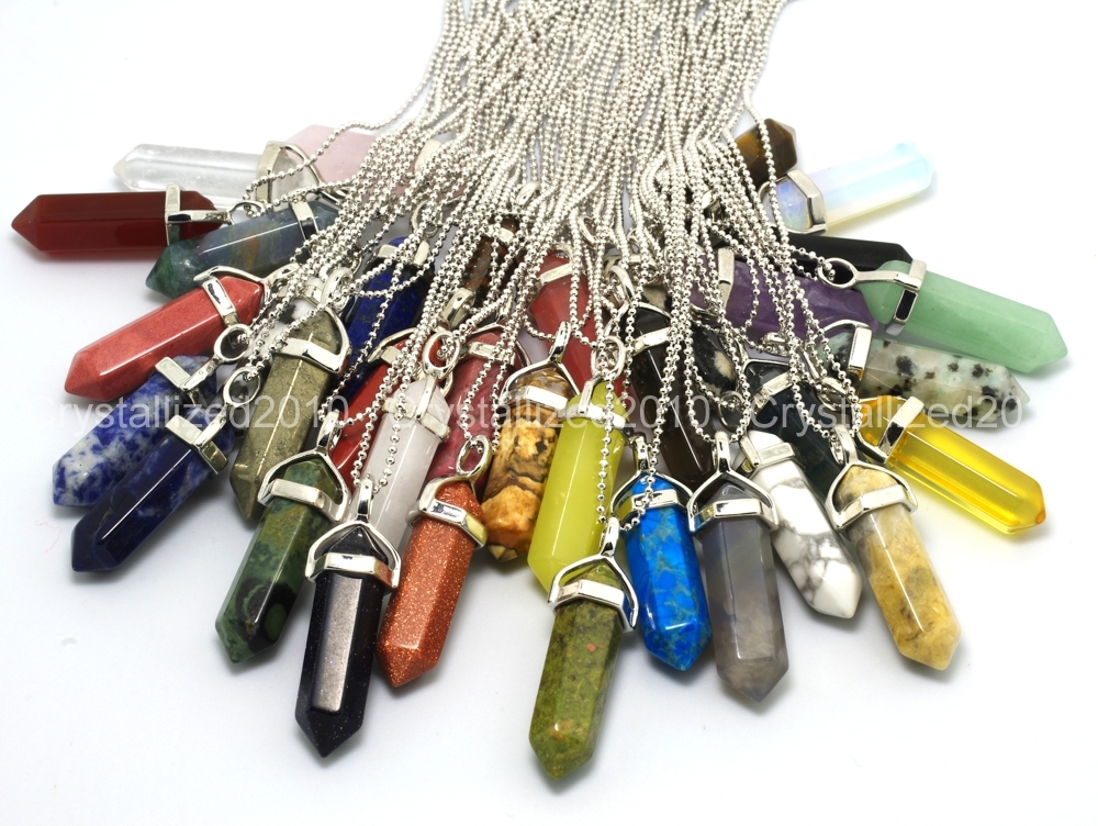 Natural Gemstones Hexagonal Pointed Reiki Chakra Pendant Necklace 18K Silver