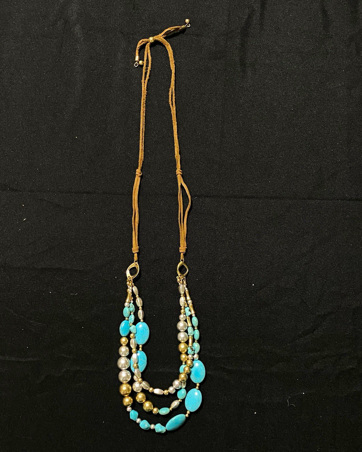 Layered Blue Oval Beaded Necklace, Gold Tone leather necklace , Lobster Clasp
