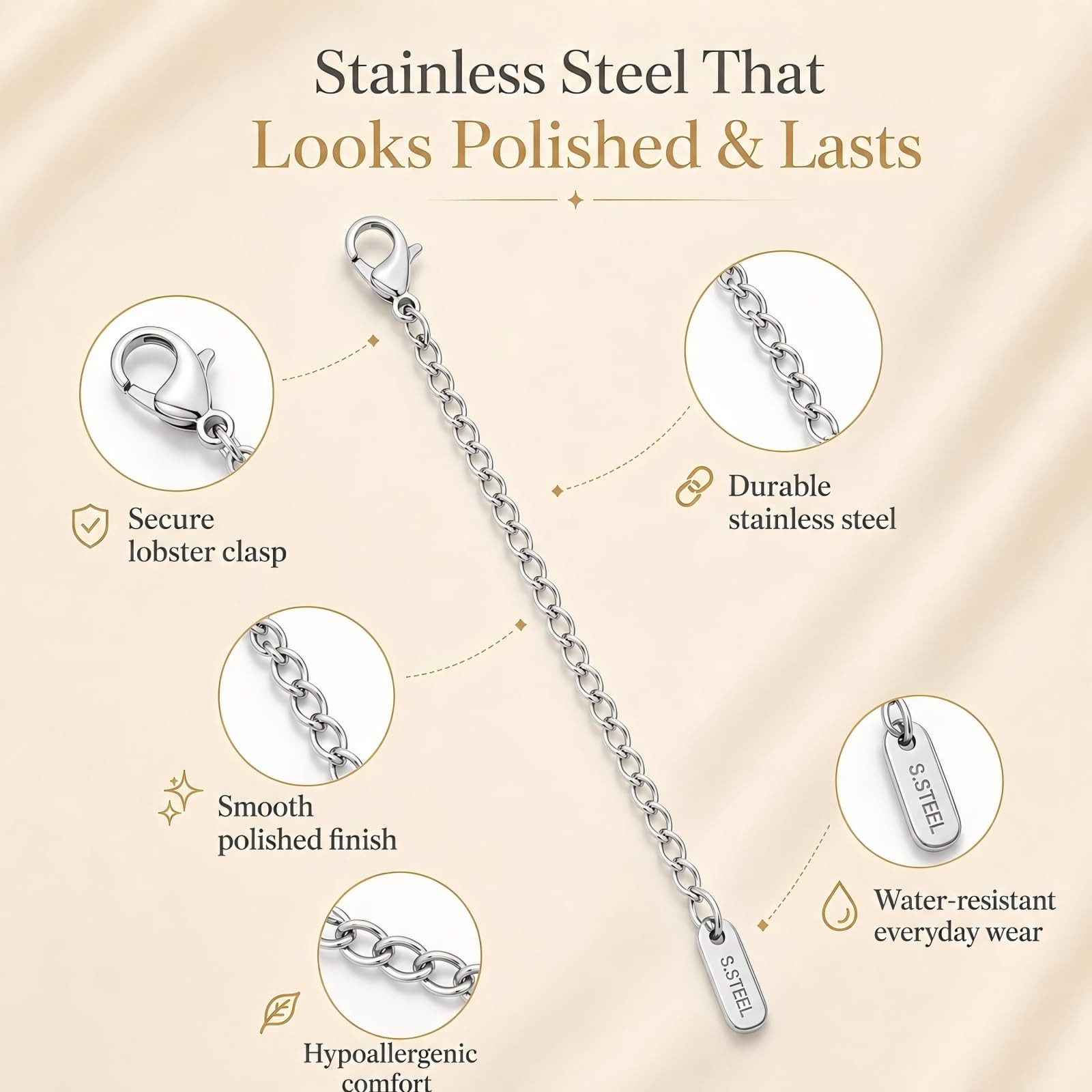 3PCS Silver Necklace Extenders for , Stainless Steel Necklace Extension Chain…