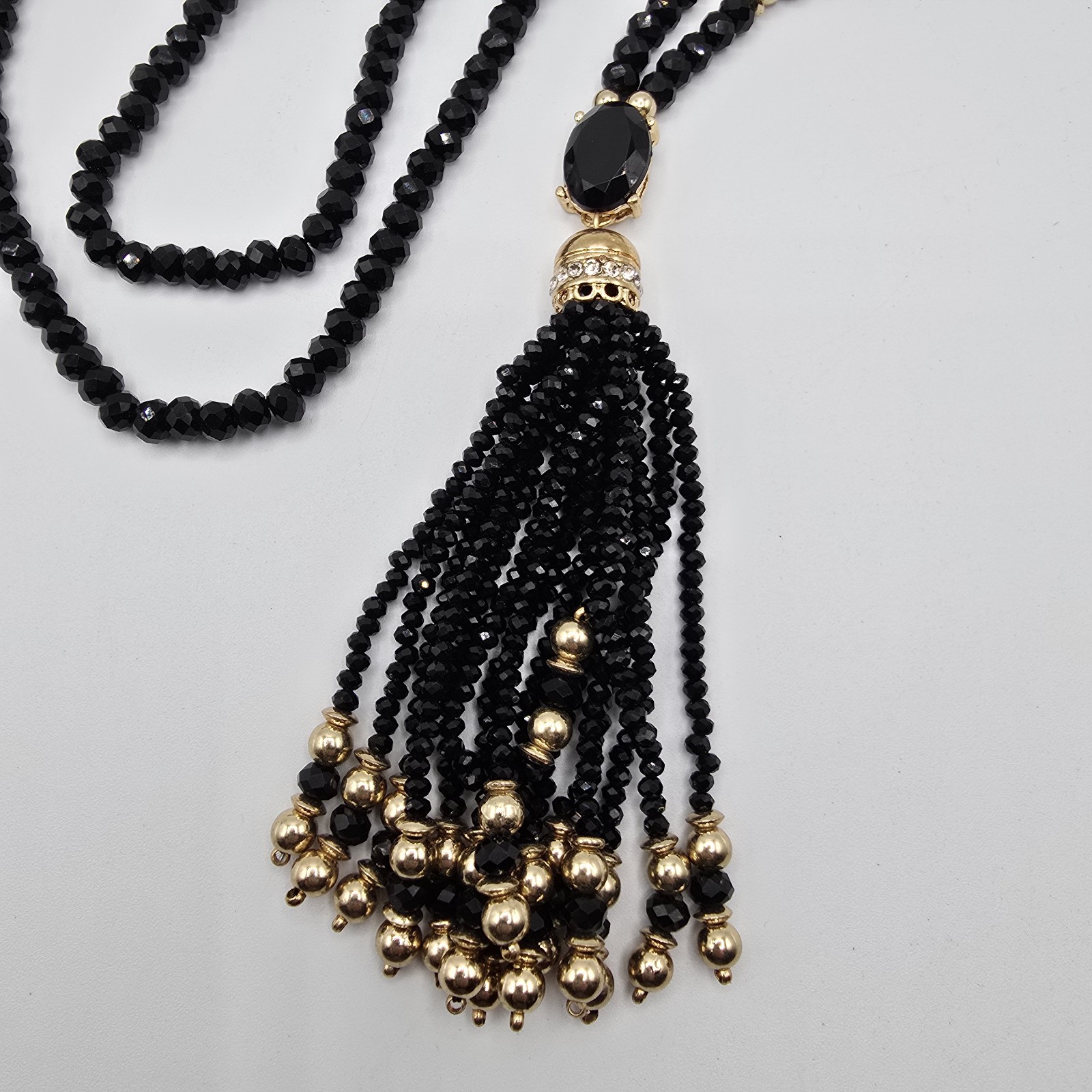 Draper’s & Damon’s Black Beaded Tassel Statement Necklace Gold Tone 34″