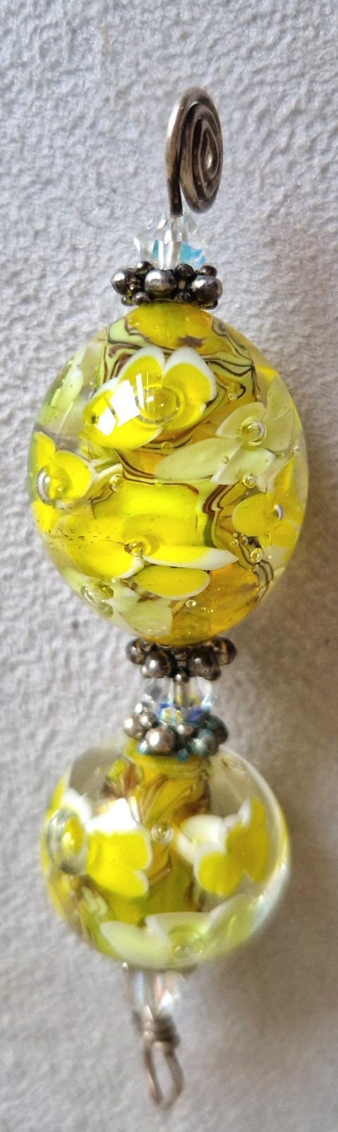 Large Vintage Handmade Lampwork Glass Pendant – Yellow Floral Design Ex Con
