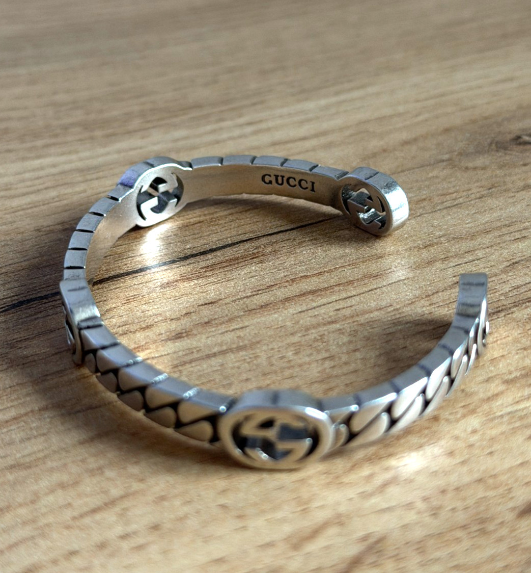 Gucci GG Silver Tone Cuff Bracelet Open Bangle Woven Luxury Bracelet Logo