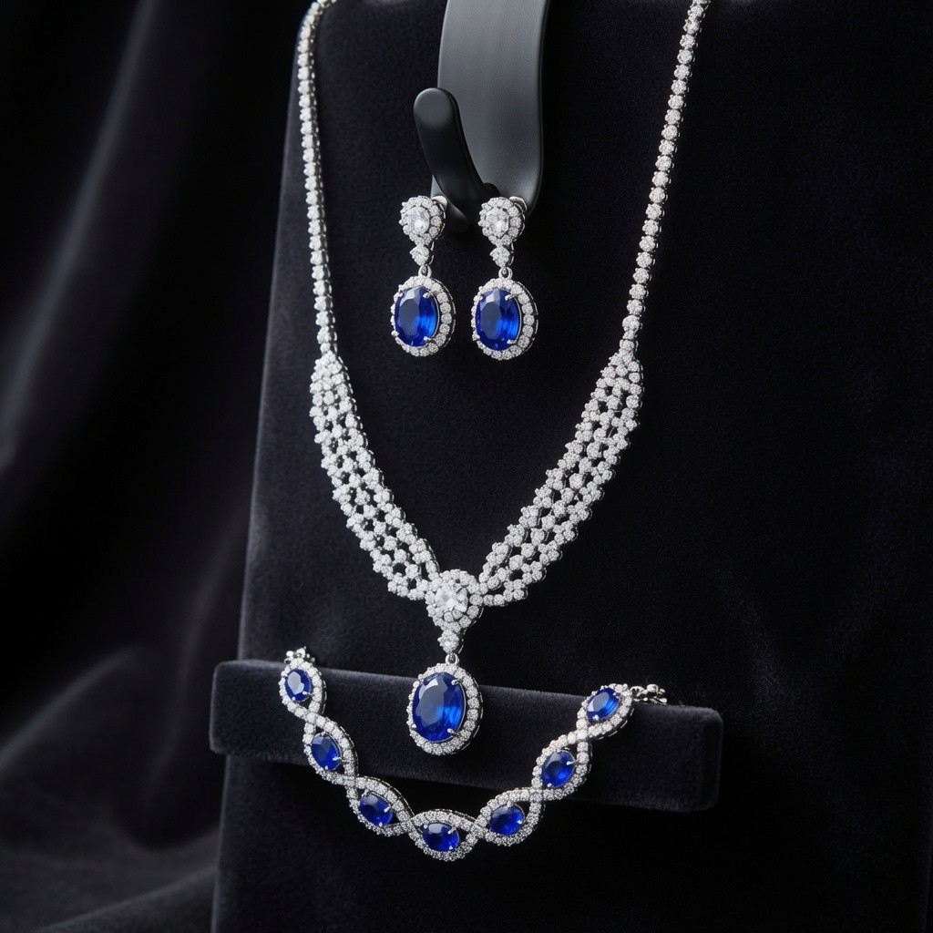 Royal Blue Jewelry Set Rhinestone Silver Blue Crystal Necklace Earring Bracelet