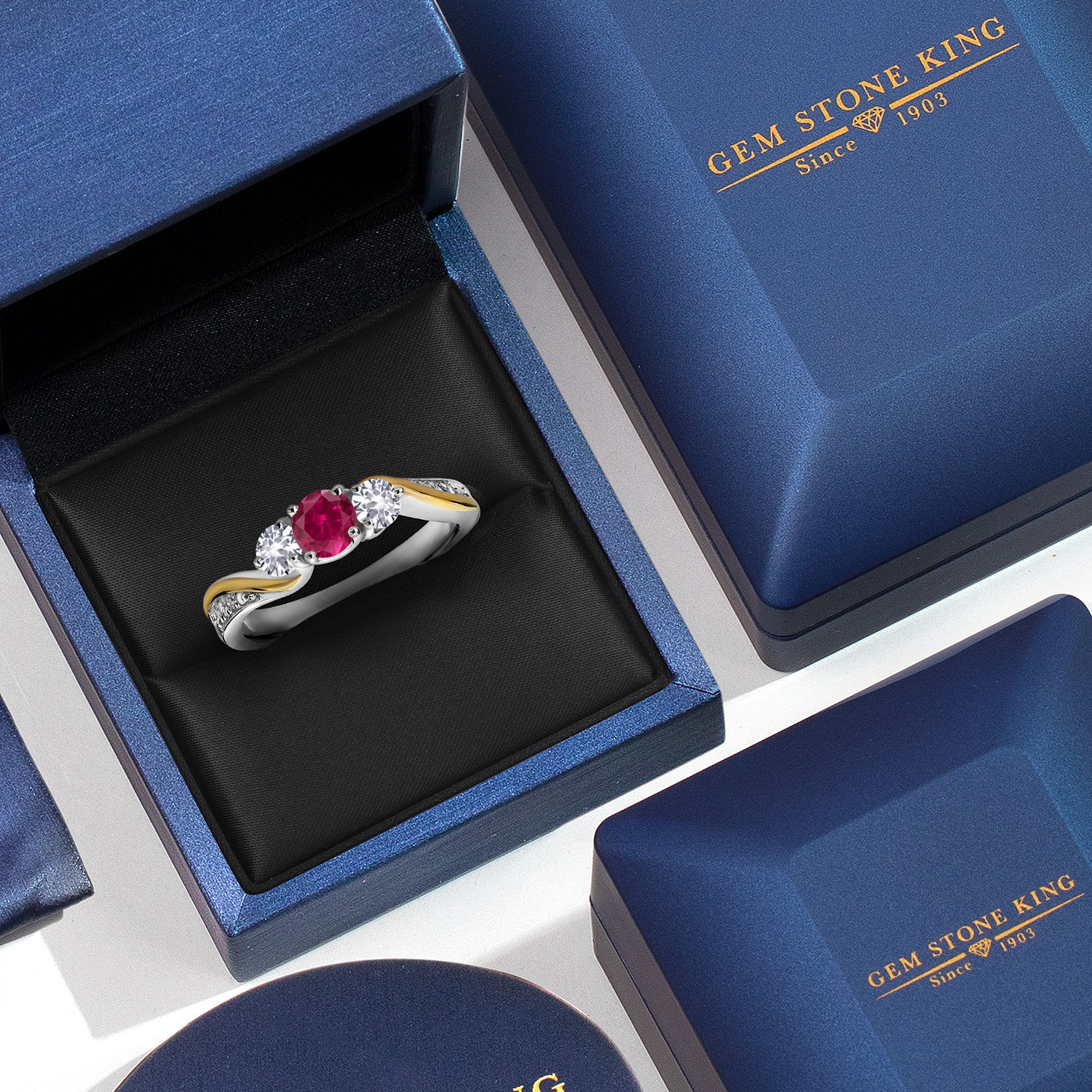 925 Silver and 10K Yellow Gold Created Ruby White Created Sapphire and White