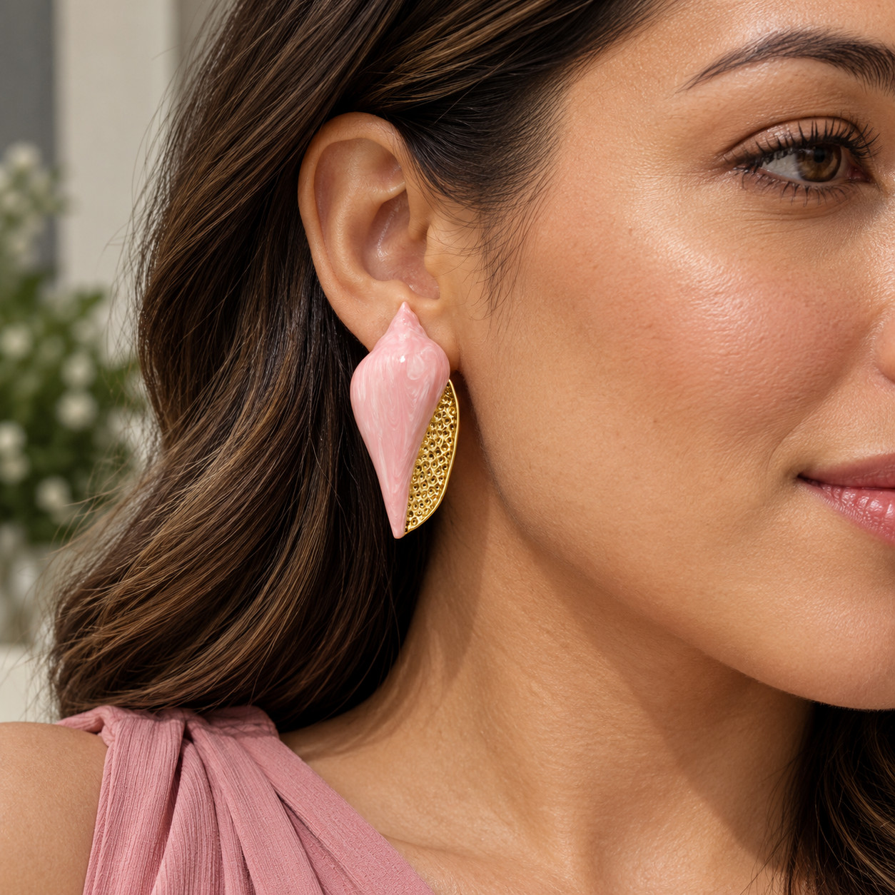 Chic Pastel Pink Enamel Conch Shell Gold-Tone Statement Earrings