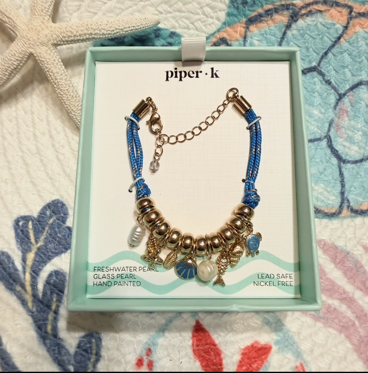 PIPER•K Beach Bracelet Seashell, Fish Starfish, Turtle, & Pearl Blue Cord