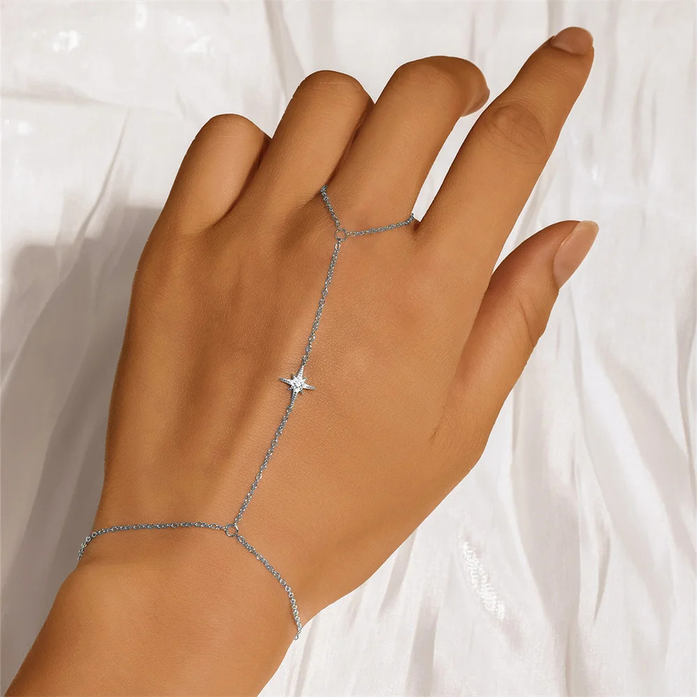Sterling Silver Hand Chain Bracelet Heart Star Simulated Zirconia Jewelry
