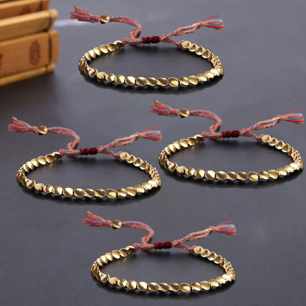 4PCS Handmade Tibetan Buddhist Braided Cotton Copper Beads Lucky Rope Bracelet