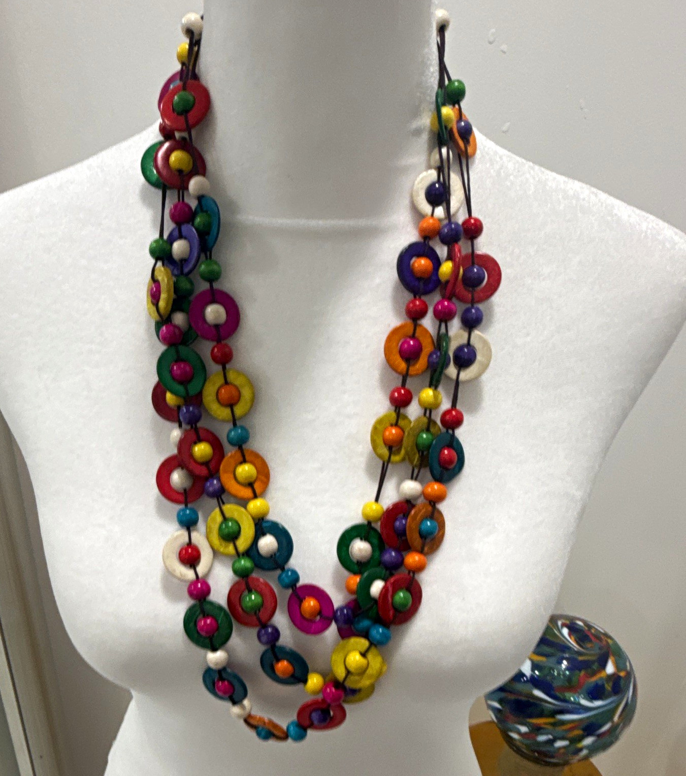Multicolor Wood Beaded Statement Necklace Donut Pendant Cord Adjustable Slip