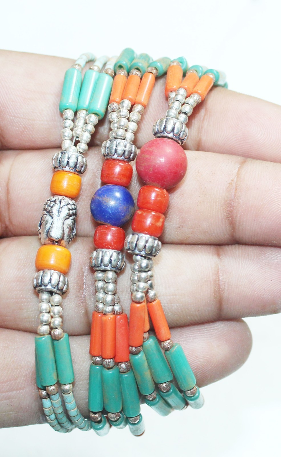 Tibetan Turquoise Amber Coral Lapis Gemstone Handmade Nepali Bracelet Size 7.8In