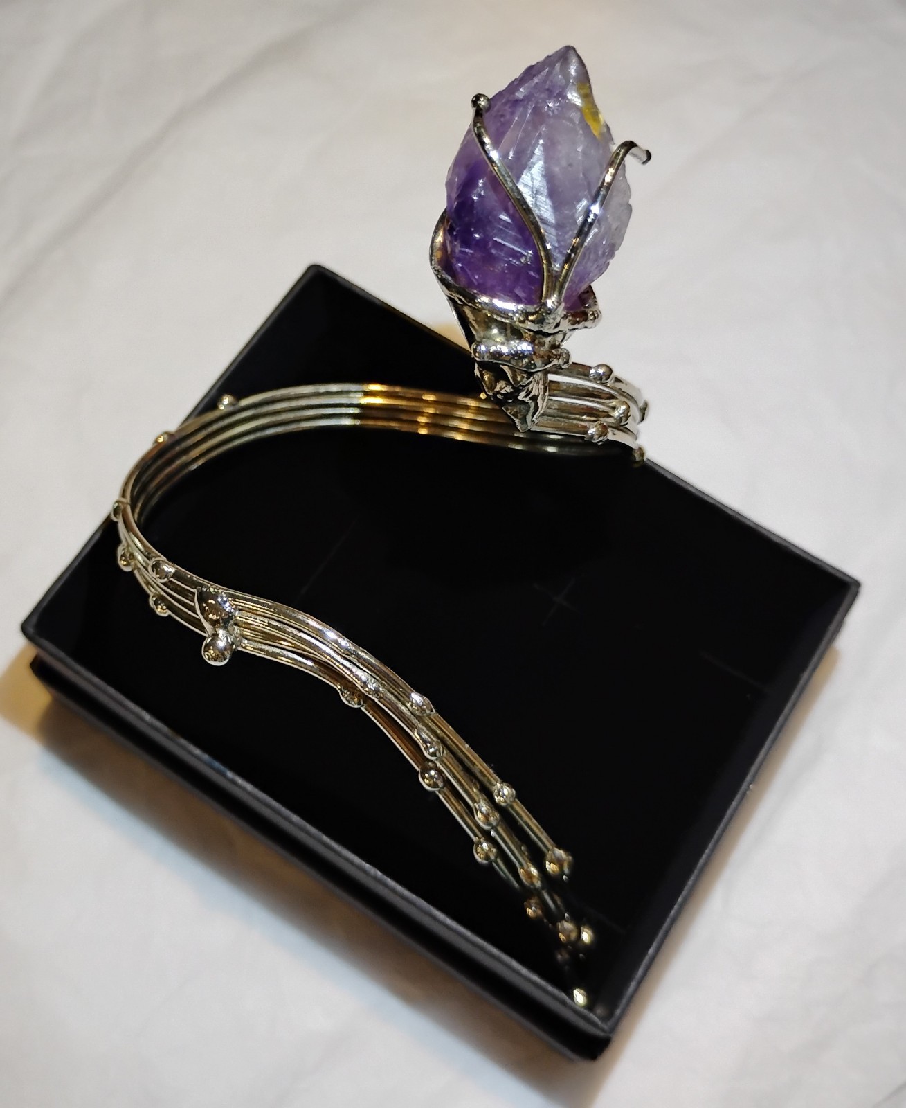 Raw Amethyst Point Silver Tone Brutalist Sculptural Wrap Bracelet