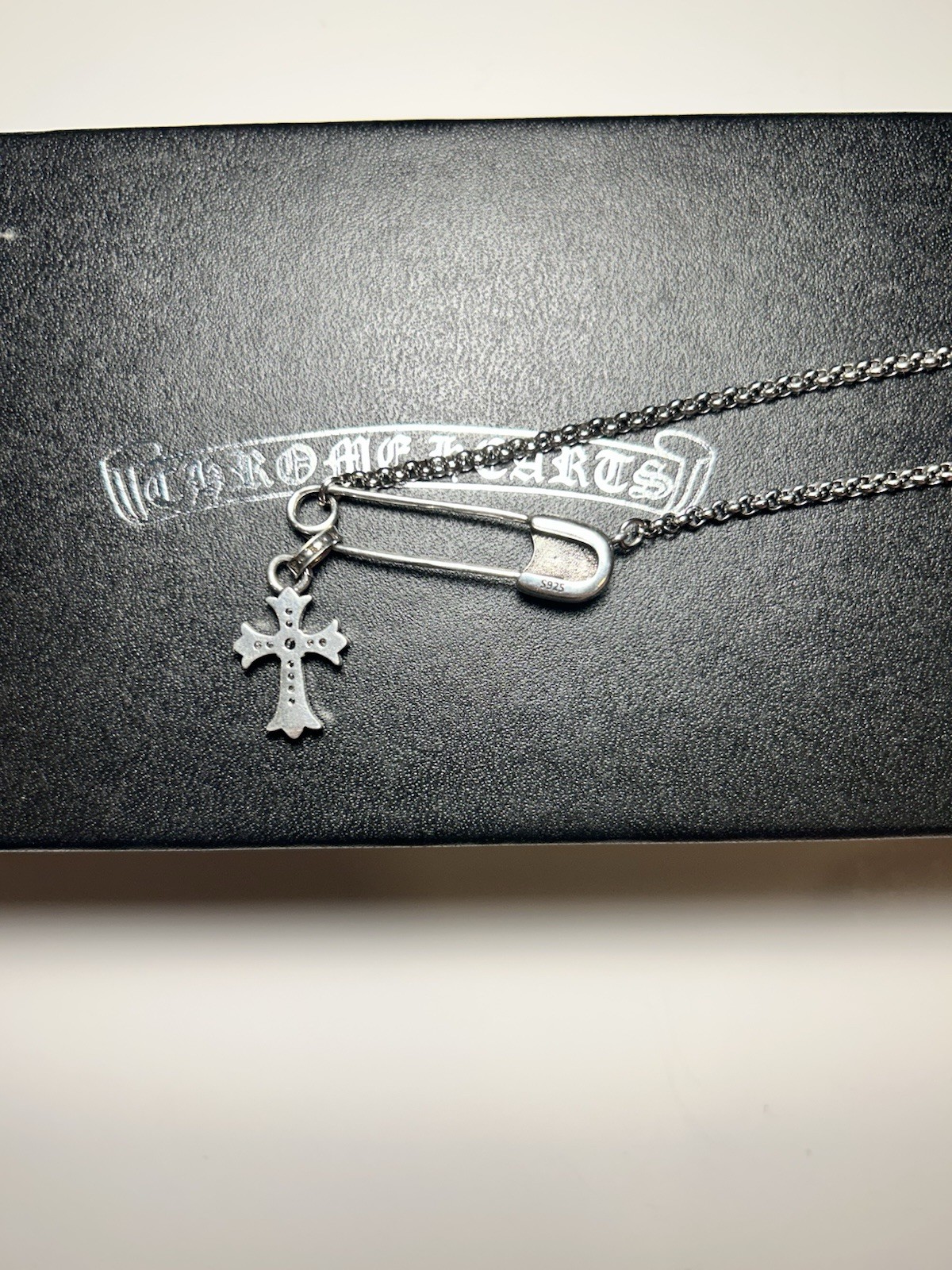 Safety Pin with Diamond Cross Charm Pendant Silver Cable Chain