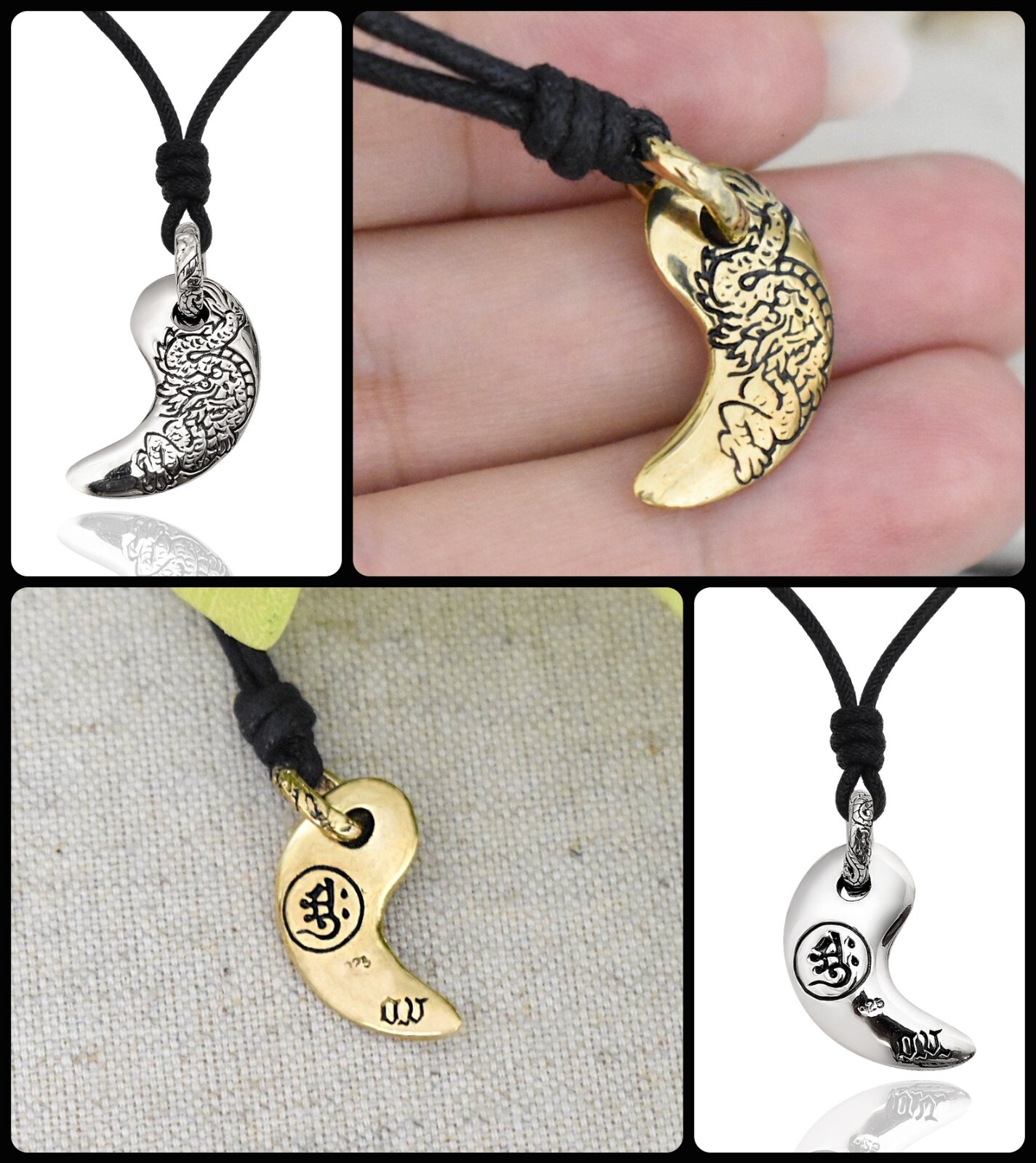 Yin Yang Japanese 92.5 Sterling Silver Gold Brass Charm Necklace Pendant Jewelry
