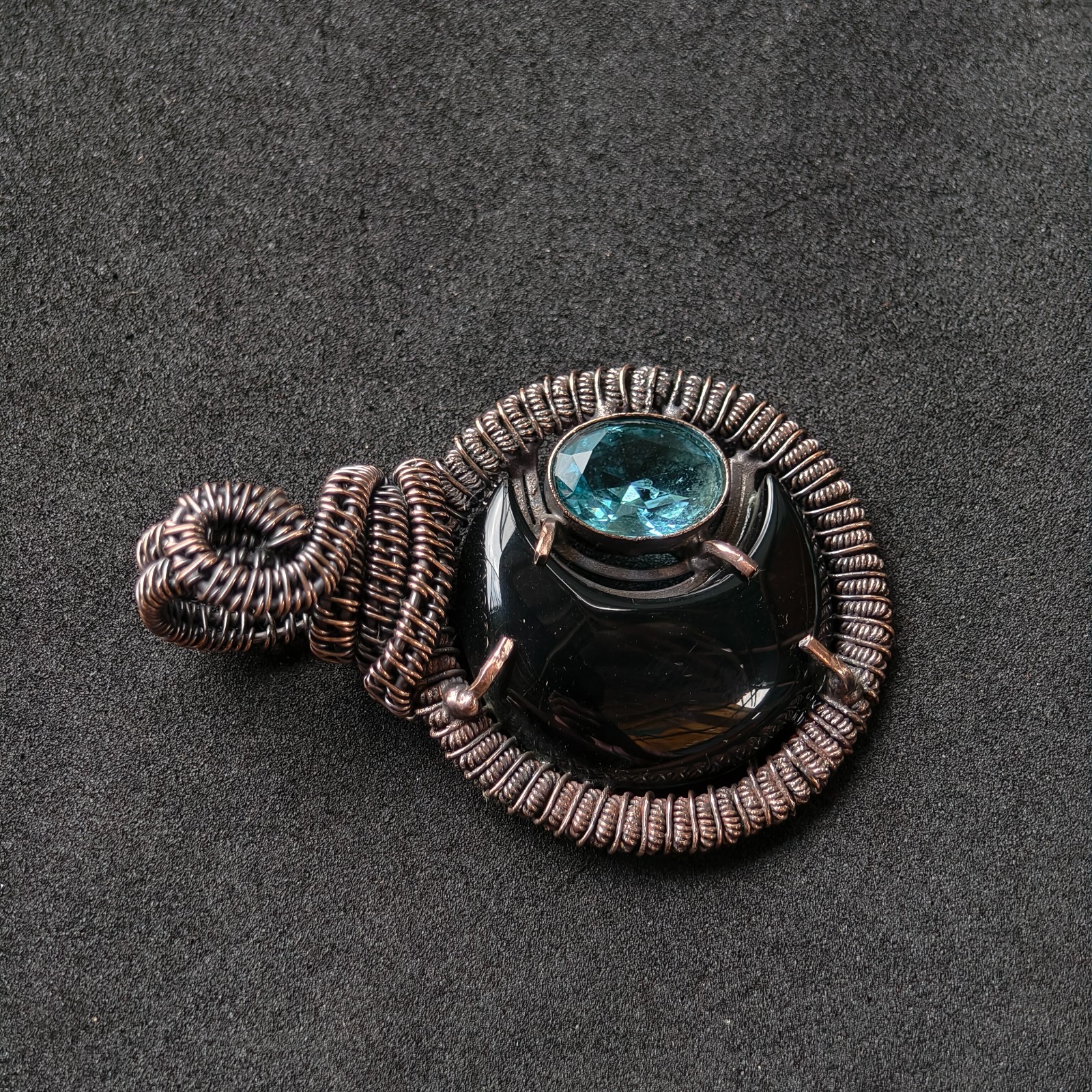 Copper Wire Wrapped Crescent Moon Pendant, Black Onyx & Blue Topaz Necklace