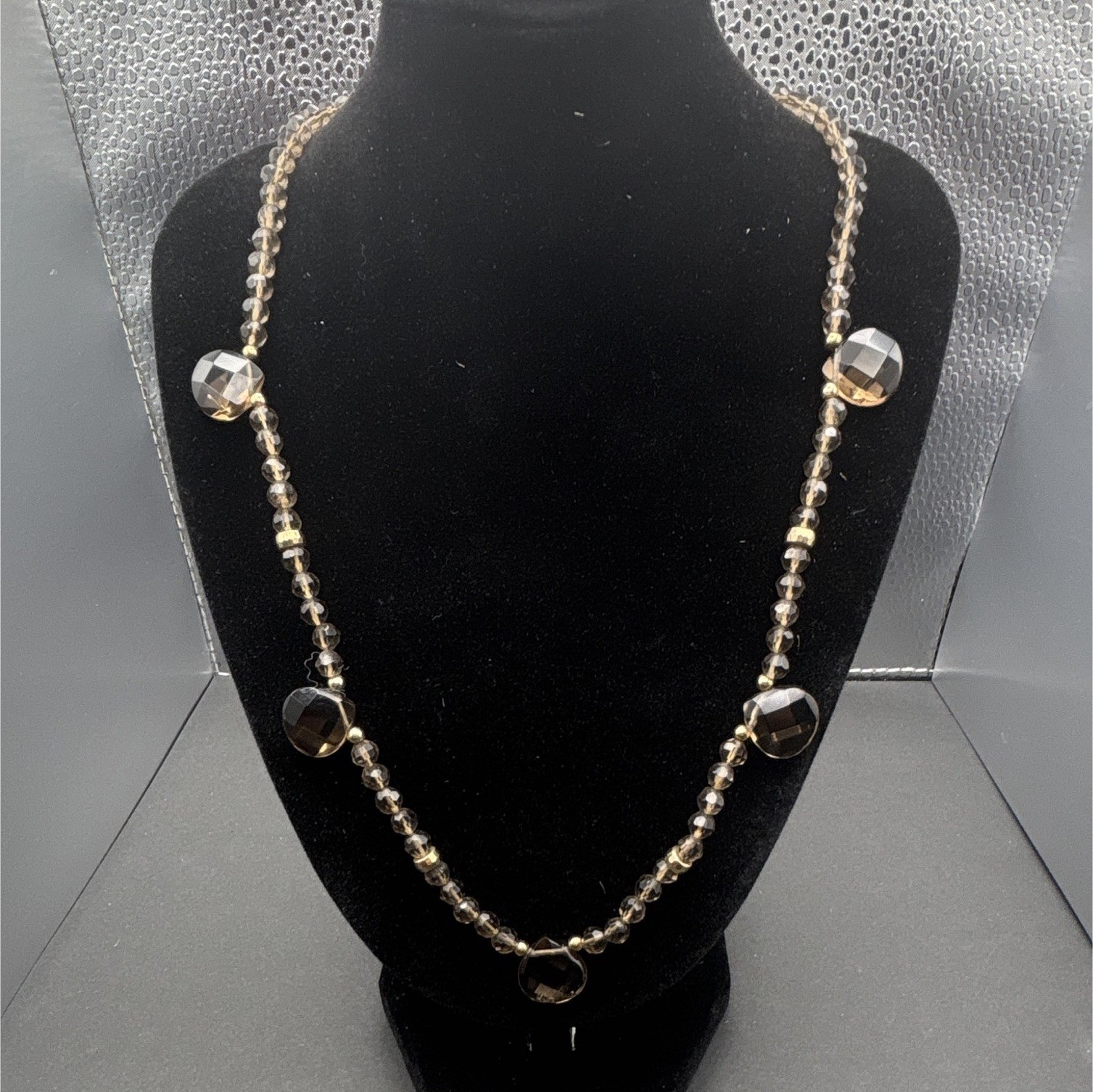 Vintage Smoky Crystal Station Necklace Leach & Garner 14K Gold Toggle Clasp Bead