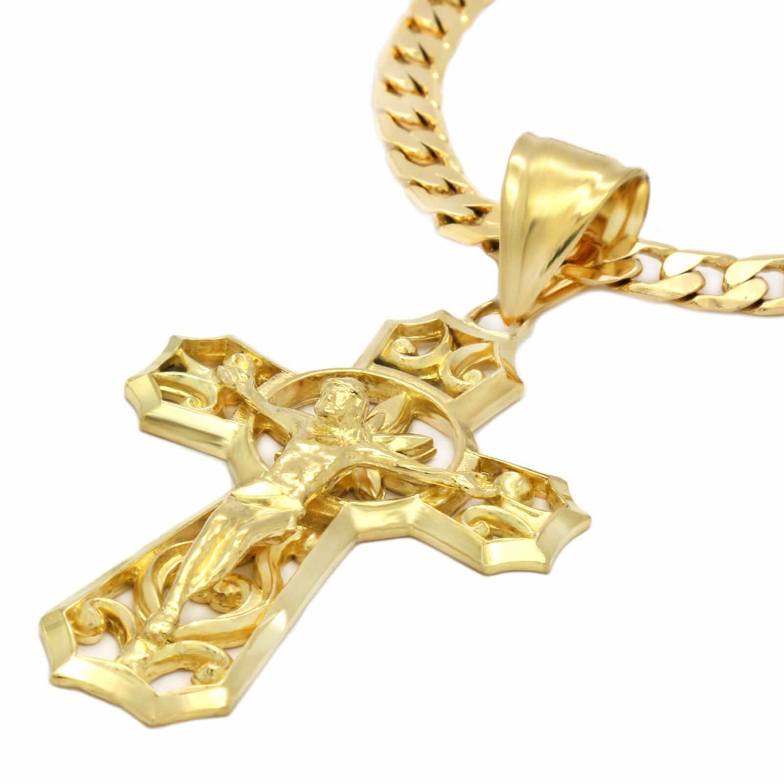 Mens 18k Gold Plated Brass Jesus Curve Cross Pendant 6mm 24″ Cuban Chain