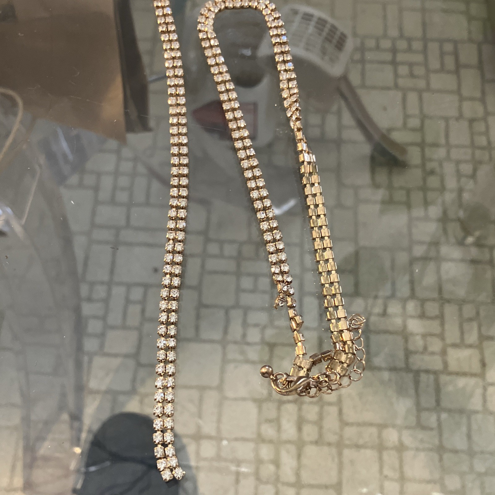 Gold Plated Tennis Chain Necklace White/Colorless Round Rhinestones, Spring Ring