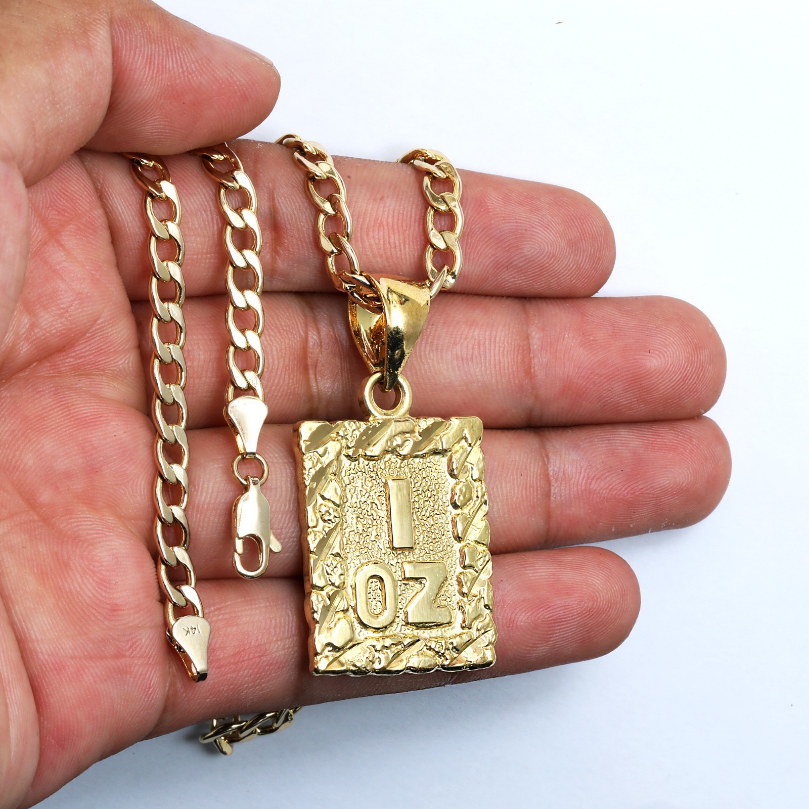1 OZ Nugget Cut Charm Pendant 14k Gold Plated Brass 5mm 20″ Cuban Choker Chain