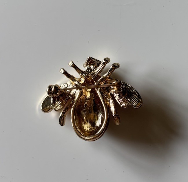 Vintage Bee Brooch Gold Tone Orange Enamel Faux Pearl Rhinestone Insect