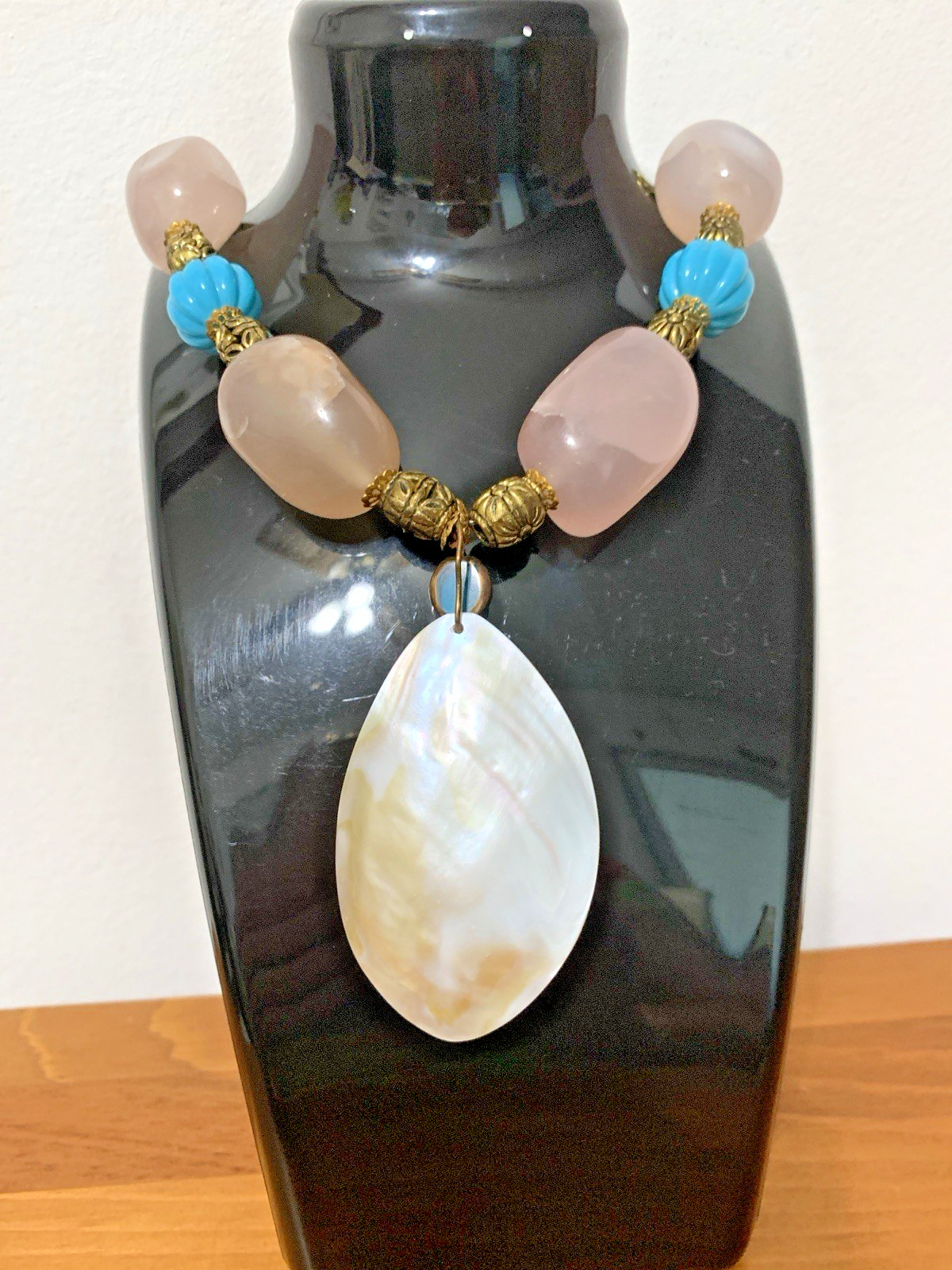 Handcrafted Rose Quartz And Abalone And Mother Pearl Necklace.