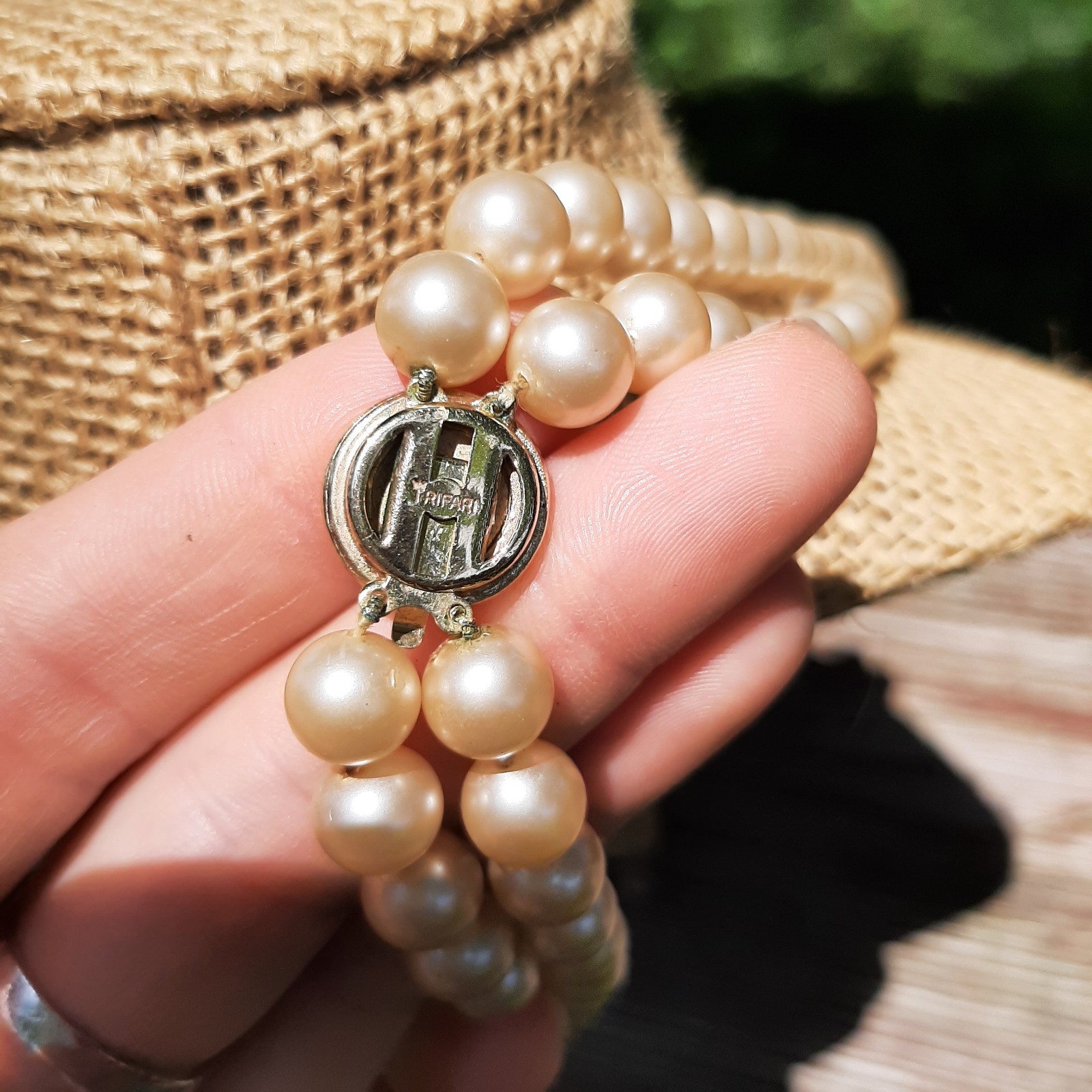 Crown Trifari Vintage MCM Multistrand Faux Ivory Pearl Necklace Cabochon Clasp