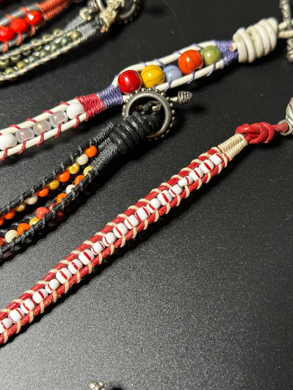 Lot of 11 leather cord wrap bracelets multicolor handmade Czech glass millefiori