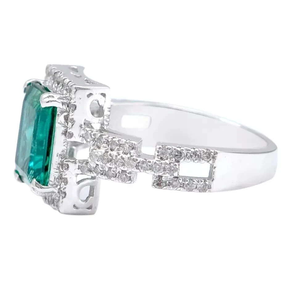 2.10 Carat Natural Zambian Emerald Diamond Ring In 14K White Gold Solid