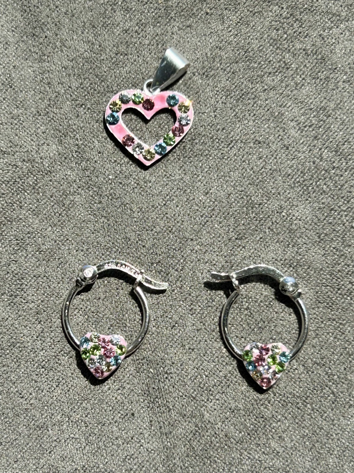 925 Sterling Silver Heart Pendant and Earrings Set for Kids (missing stones)