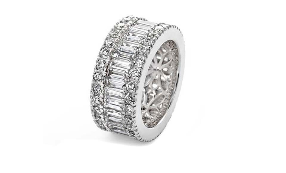 925 Sterling Silver Plated Eternity Band Ring Emerald Cut Cubic Zirconia Stones