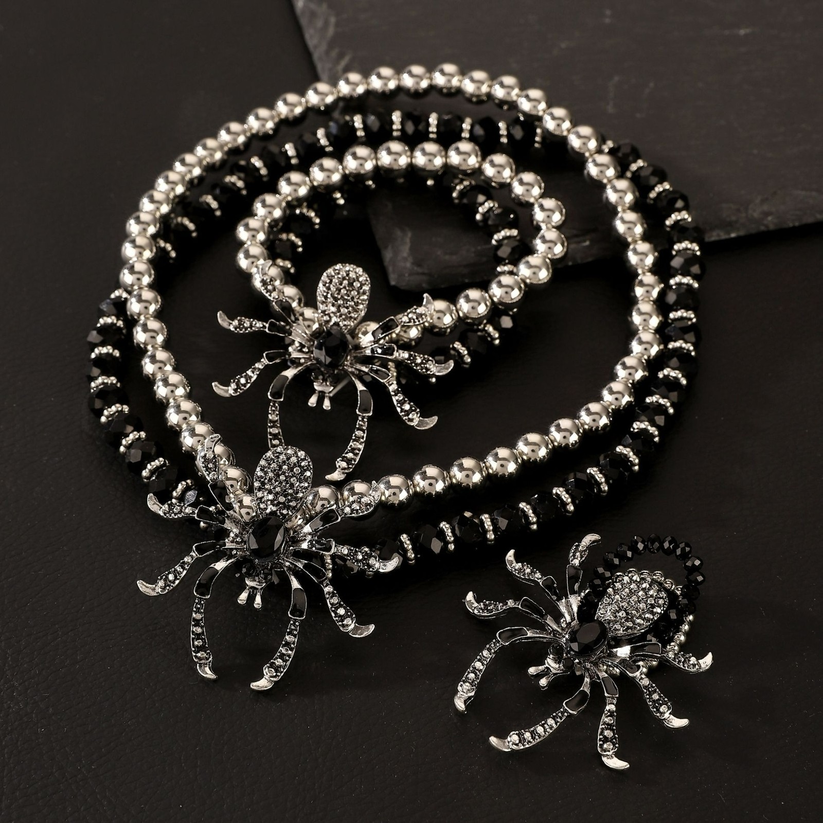 3Pcs Goth Spider Choker Women Punk Necklace Bracelet Ring Halloween Jewelry Set