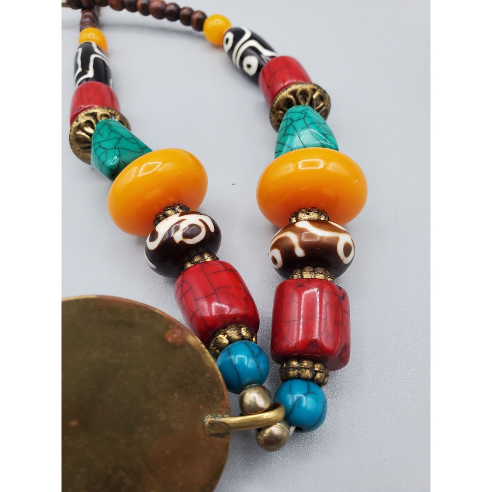Multi color shape beaded Blue enamel dome statement pendant necklace 20″
