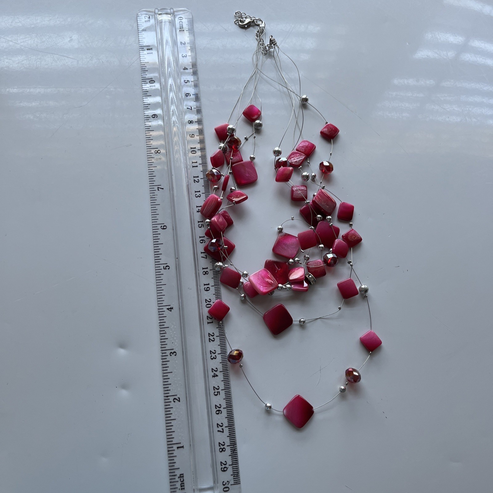 5 layers 27 inch Layered Hot Pink And Grey silver tones Beaded Necklace elegant
