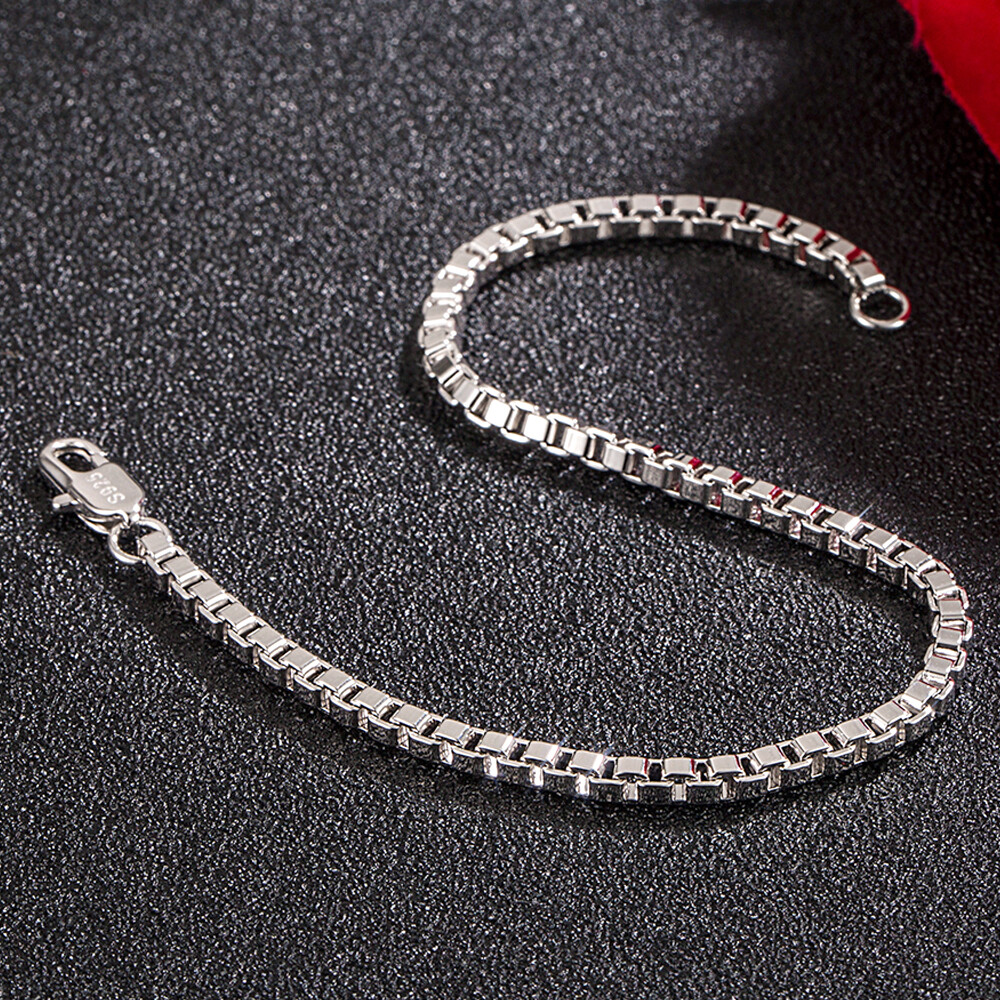 Solid 925 Sterling Silver Women’s 3mm Italian Venetian BOX Chain Link Bracelet