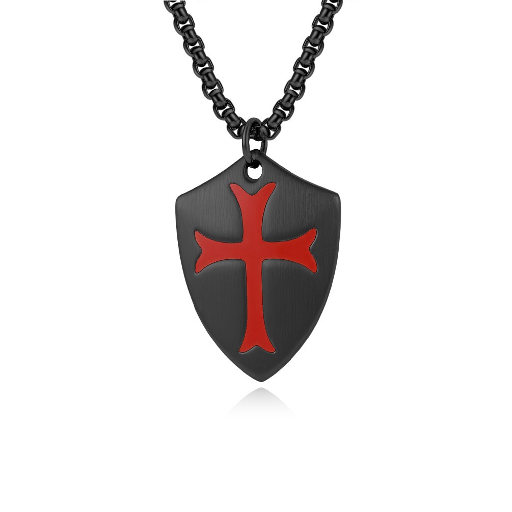 Stainless Steel Crusader Knights Templar Cross Shield Pendant Necklace For Men