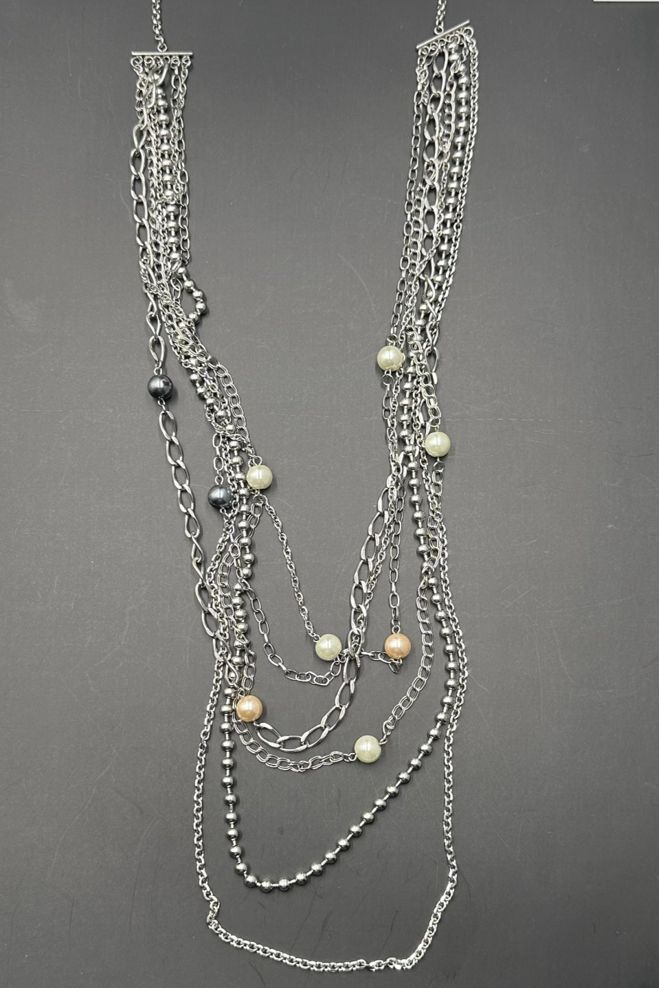 Long Layered Necklace Silver Tone Multi Chain Faux Pearl Beaded Stations 44″