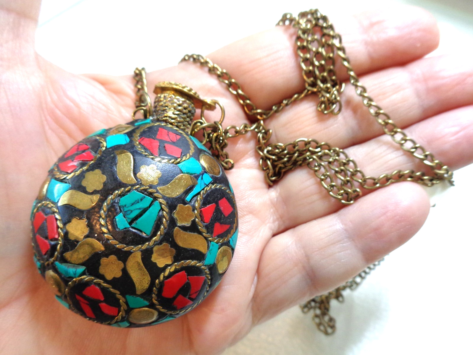 Vintage, Gold Tone, Tibetan Turquoise/Coral, Mosaic Inlay, Perfume/Oil Bottle Pe