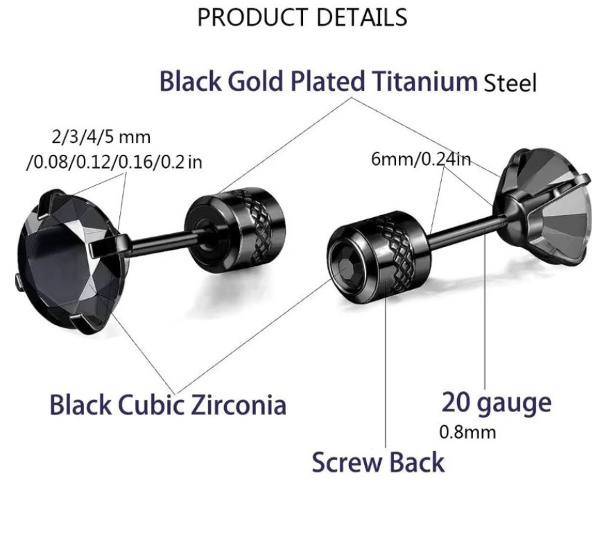 2Pcs Women Men Hypoallergenic Stainless Steel Round CZ Stud Earrings Screw Back