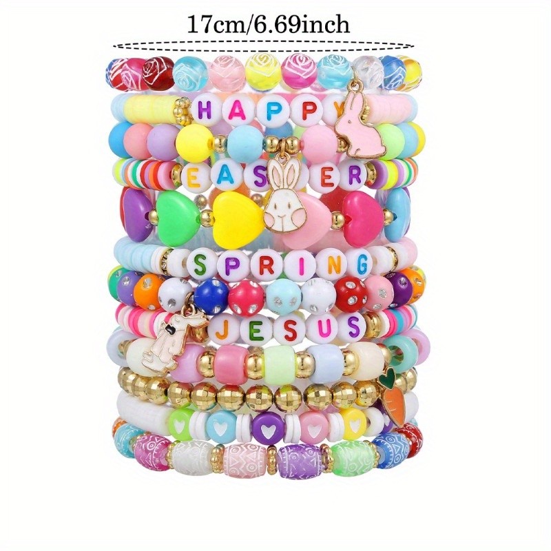 12Pcs Colorful Polymer Clay Beaded Multi-Layer Bunny and Carrot Easter Bracelets