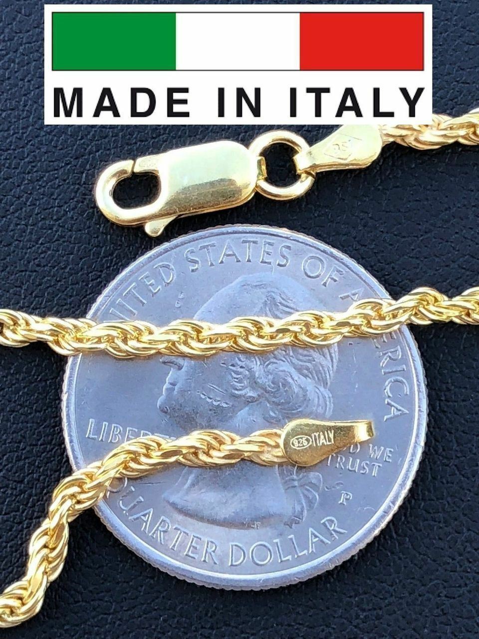 Rope Chain 14K Gold Plated Solid 925 Silver MADE IN ITALY Men’s Women’s 2.5mm