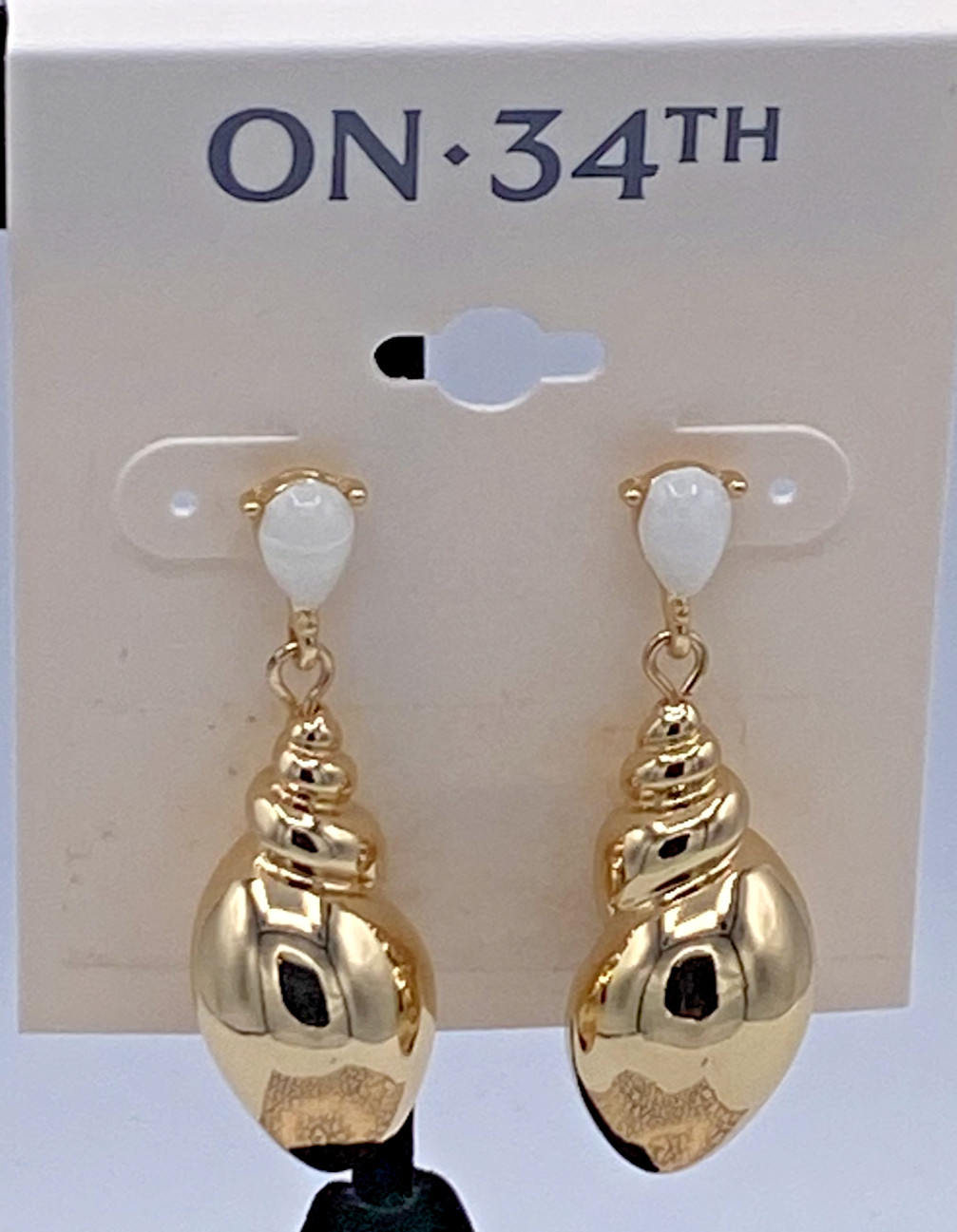ON 34th Gold Tone Shell & White Stone Drop Earrings, 1.75″, NWT