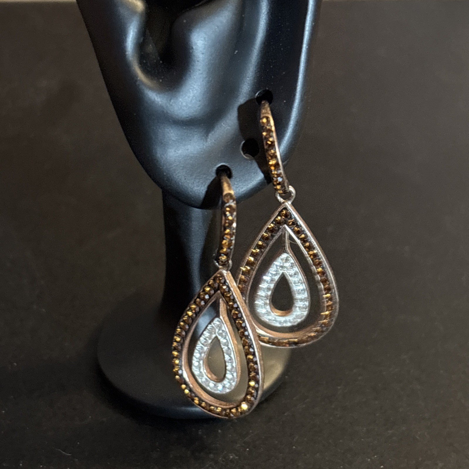 Beautiful Rose Gold Over Sterling Silver, With Brown & White Rhinestone Earrings