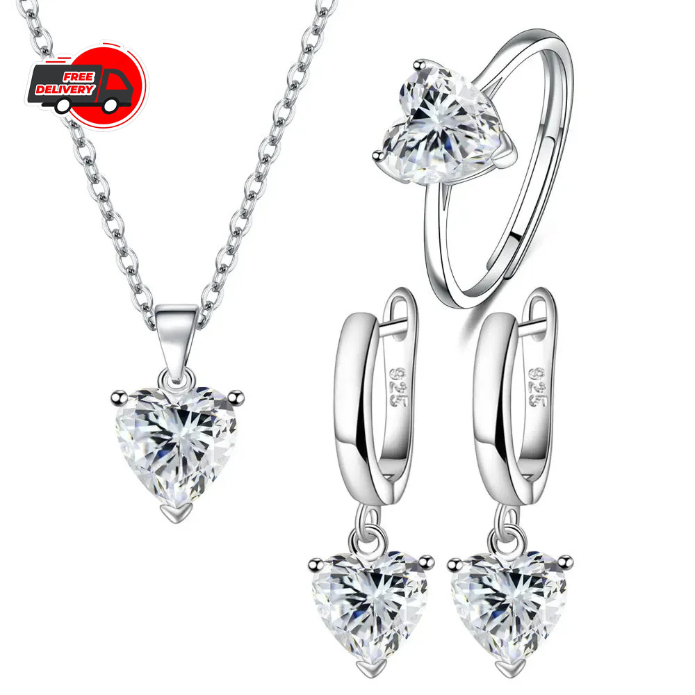 CHSHINE 925 Silver Jewelry Sets For Women Heart Zircon Ring Earrings Necklace