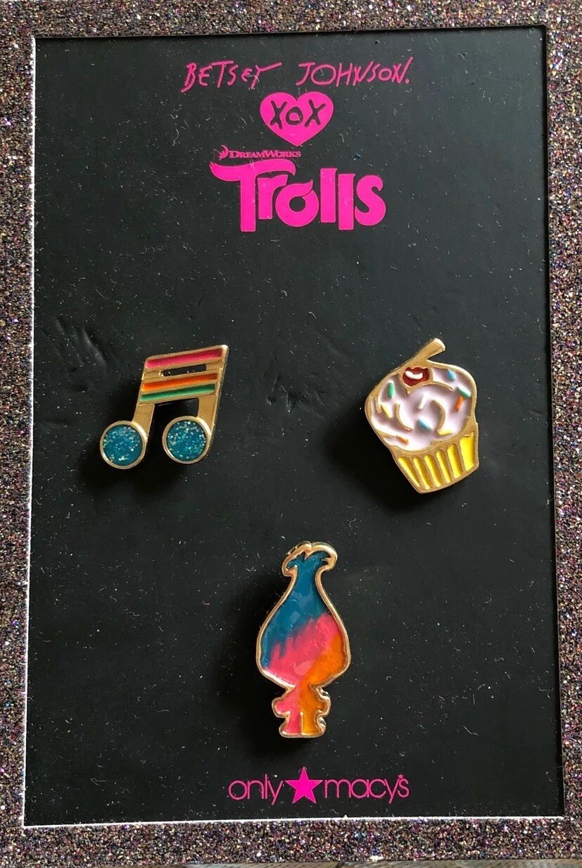 NWT Betsey Johnson XOX Trolls 6 Pins Rainbow Lips Record Player Macy’s Orig. $40