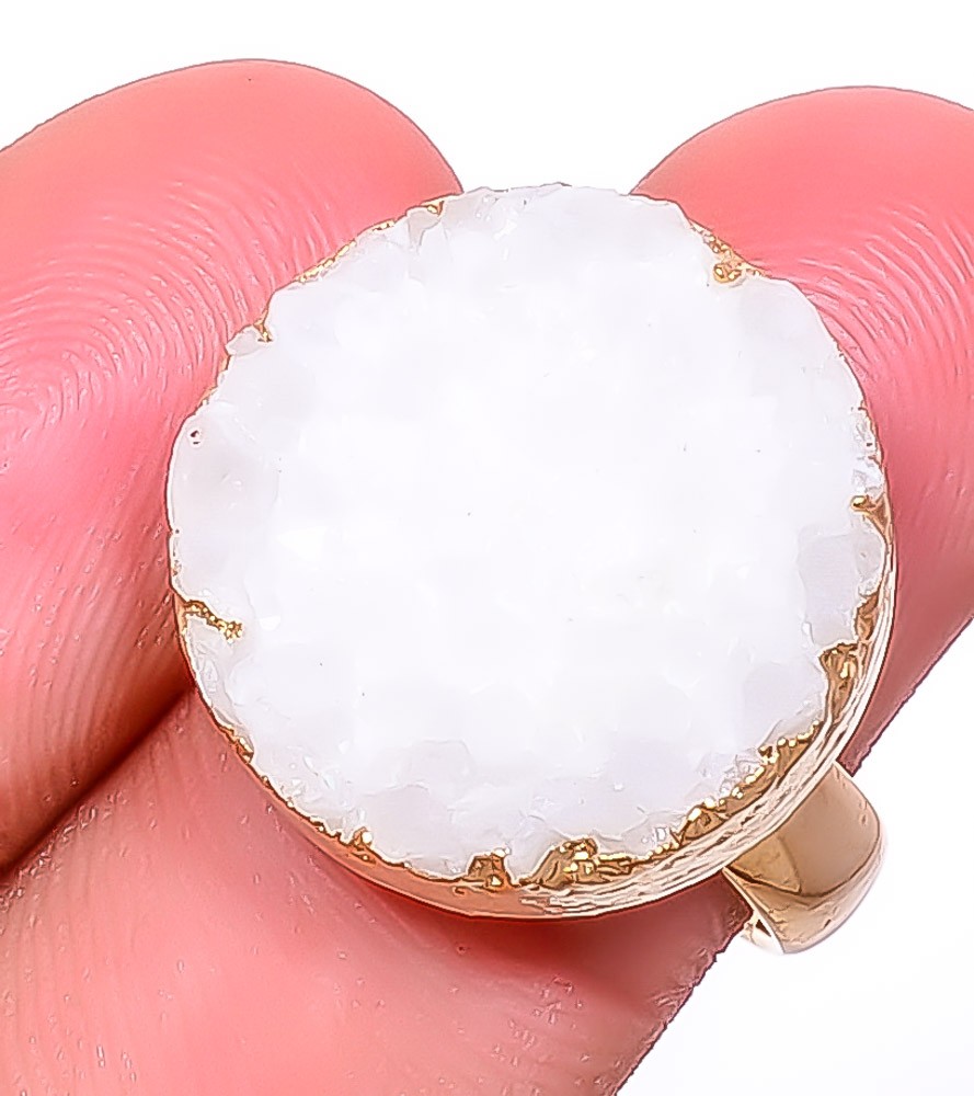 White Quartz Drusy Electroformed Gold Plated Brass Ring Size Adjustable (R16)