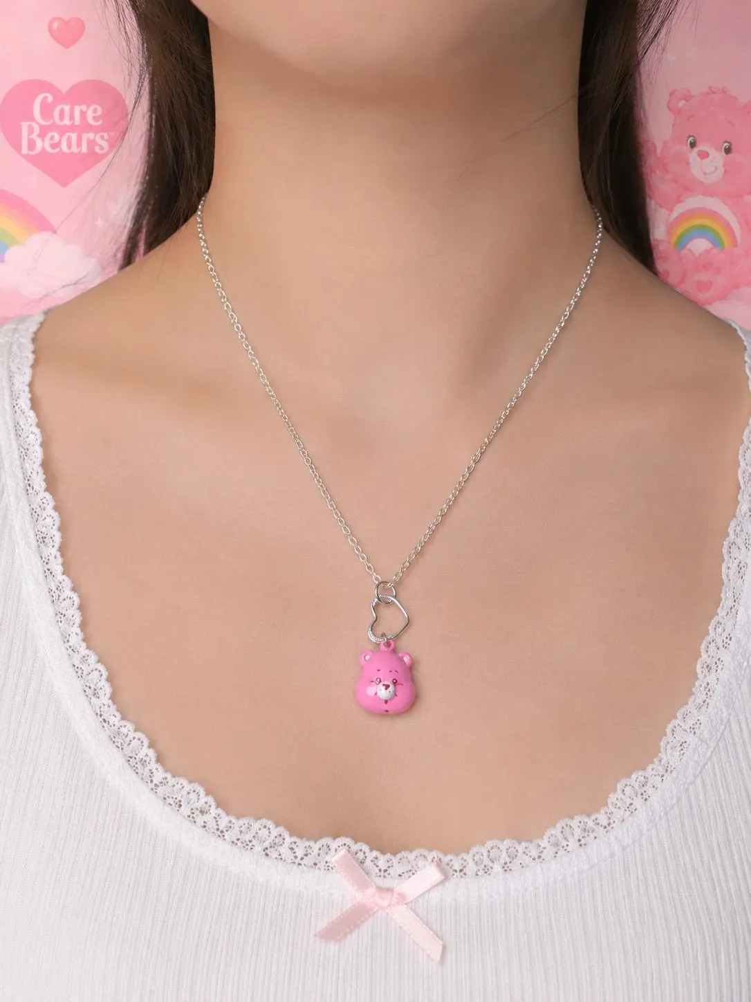 Cheer Bear Care Bear Pink Teddy Bear Necklace With Heart Design